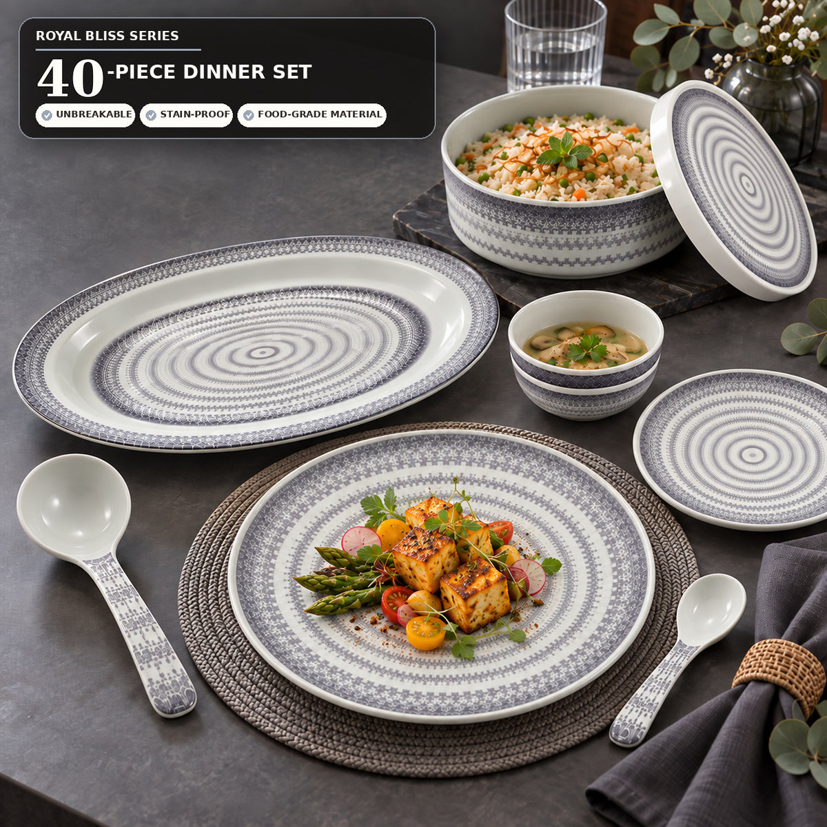 Ofeeco Royal Bliss Grey Woven 40-Piece Dinner Set