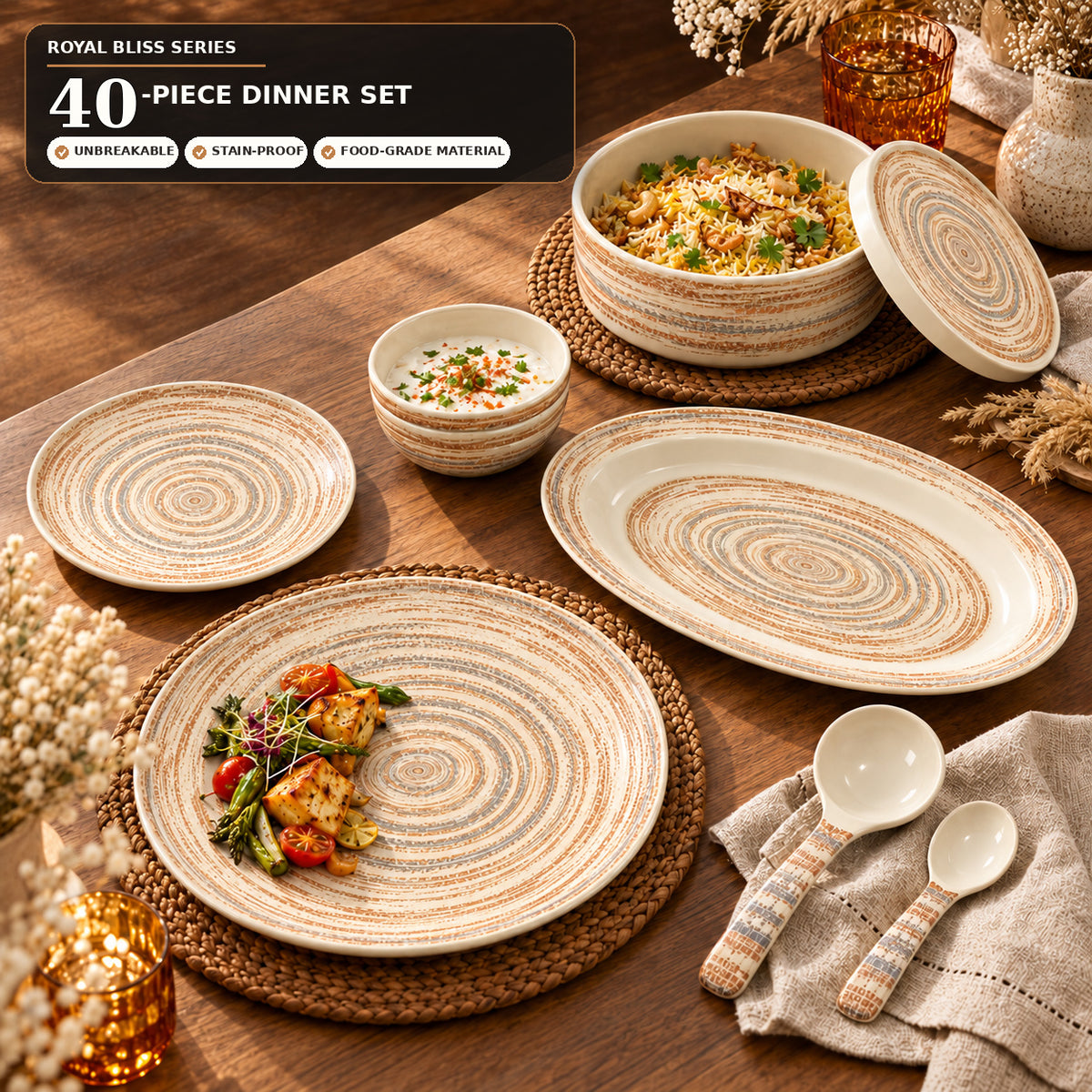 Ofeeco Royal Bliss Brushed Rings 40-Piece Dinner Set