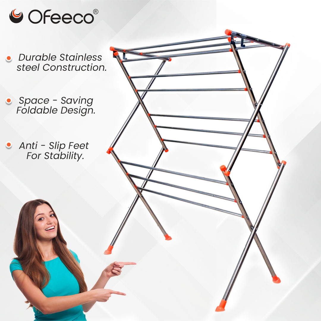 Ofeeco Foldable Cloth Dryer Stand – Stainless Steel 12‑Rods Rack